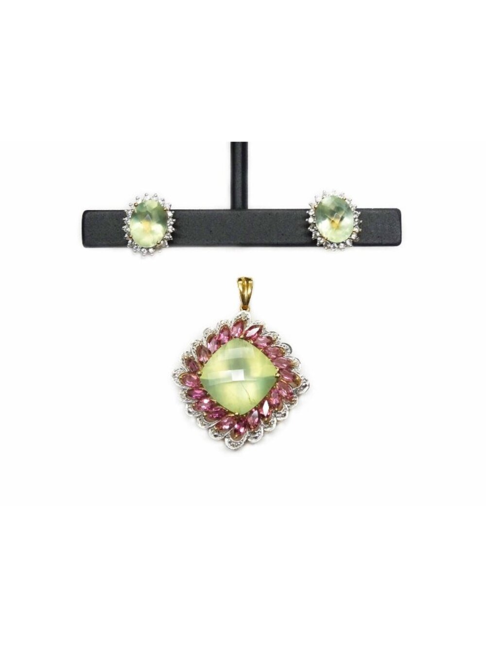 Chalcedony Pendant & Earrings 10k Gold w/Pink Tourmaline, White Topaz, Diamond